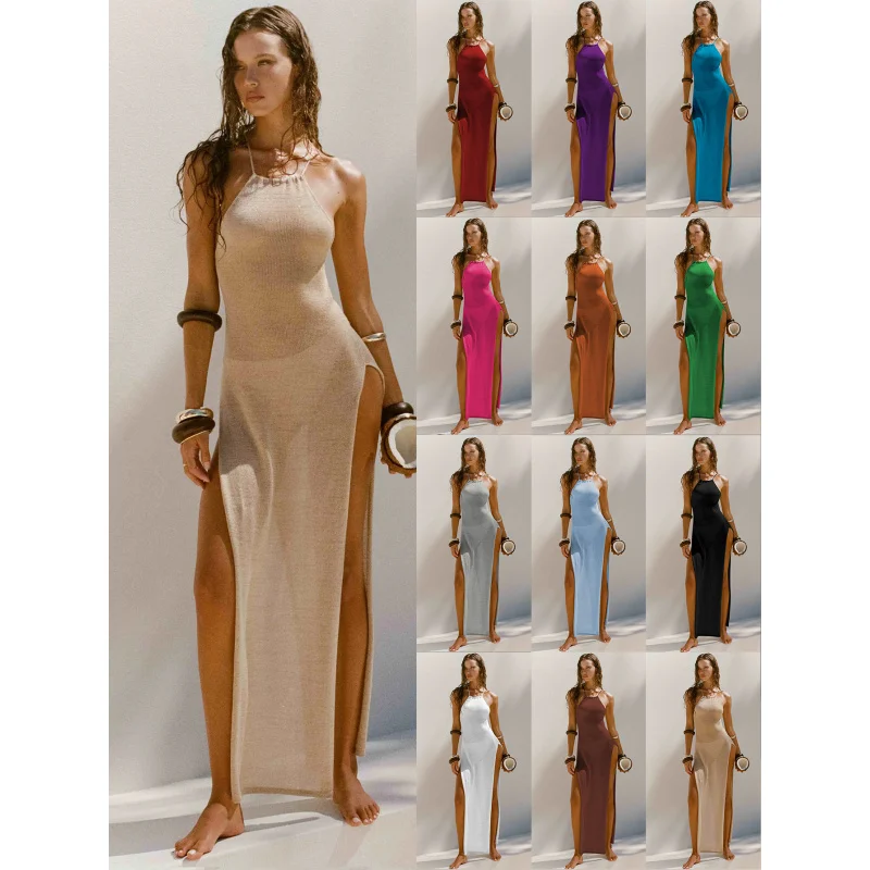 

2024New Special Popular Double-Sided High Slit Sling Beautiful Back Knitted Dress Beach Vacation Style
