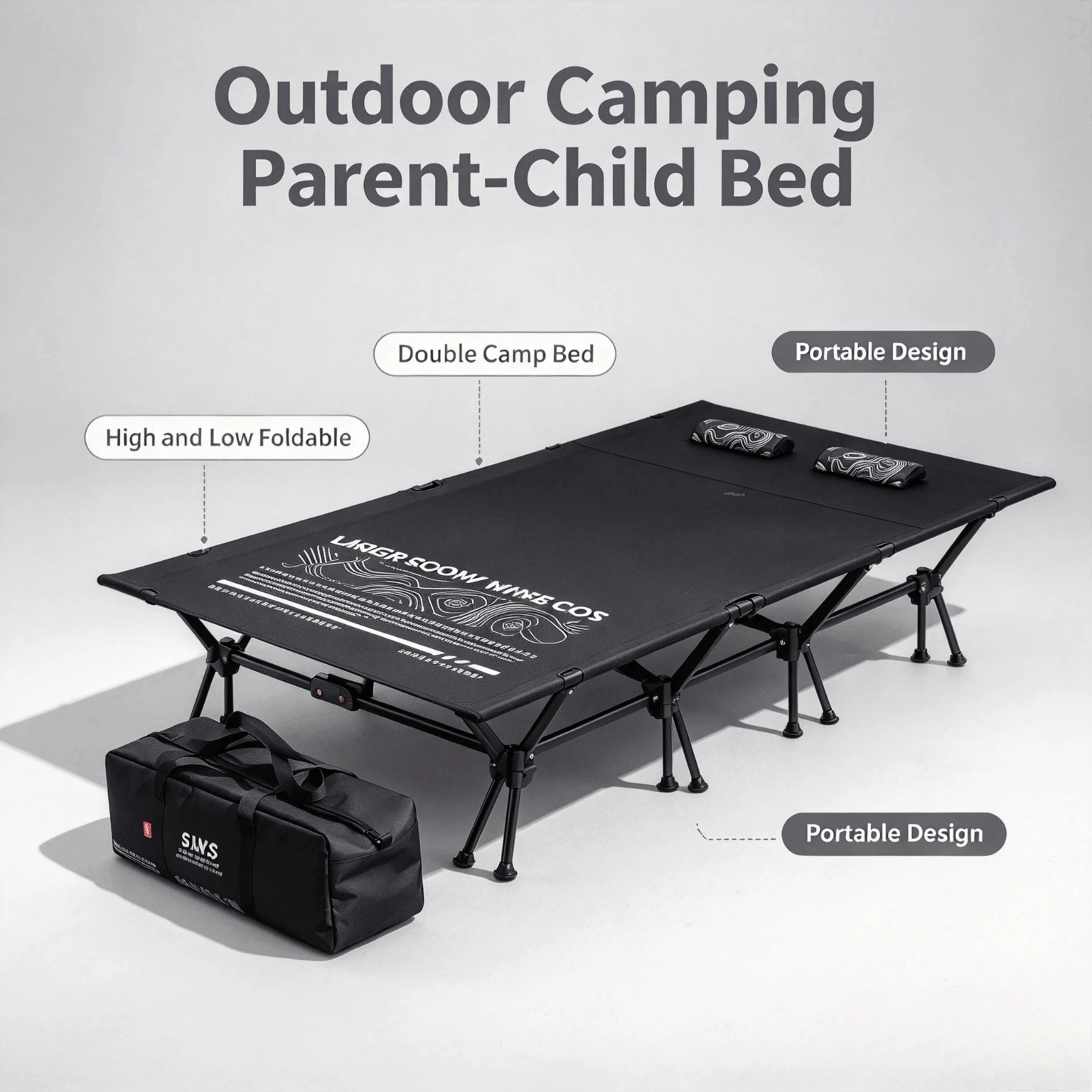 Outdoor Camping Parent-child Bed High and Low Foldable Double Camp Bed Portable Camping Lunch Break Wide Bed