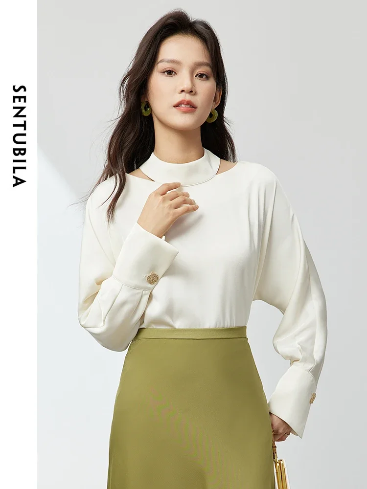 SENTUBILA Women Commute White Chiffon Blouse Woman 2024 Spring Autumn Fashion Cut Out Elegant Long Sleeve Tops Female 141V54187X