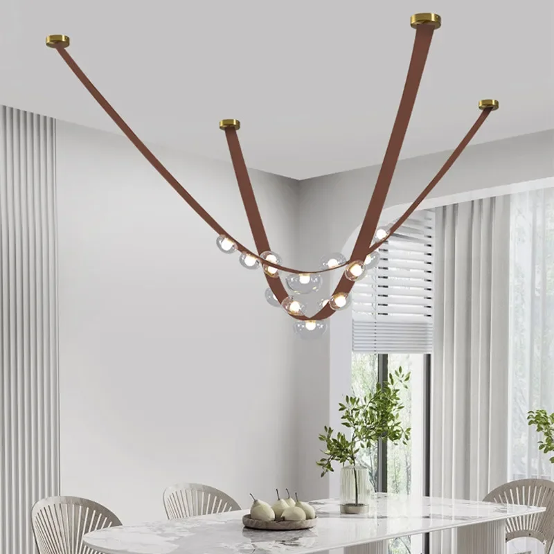 Leather Belt Ceiling Light 2 Piece Linear Design Suspension LED Lamp with Glass Shades for Dining Table Villa Living Room