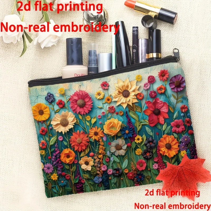 1pc 2D Faux Embroidery Floral All-Over Print Storage Bag, Perfect for Daily, Travel, Makeup Storage,Fresh Gift for Flower Lovers