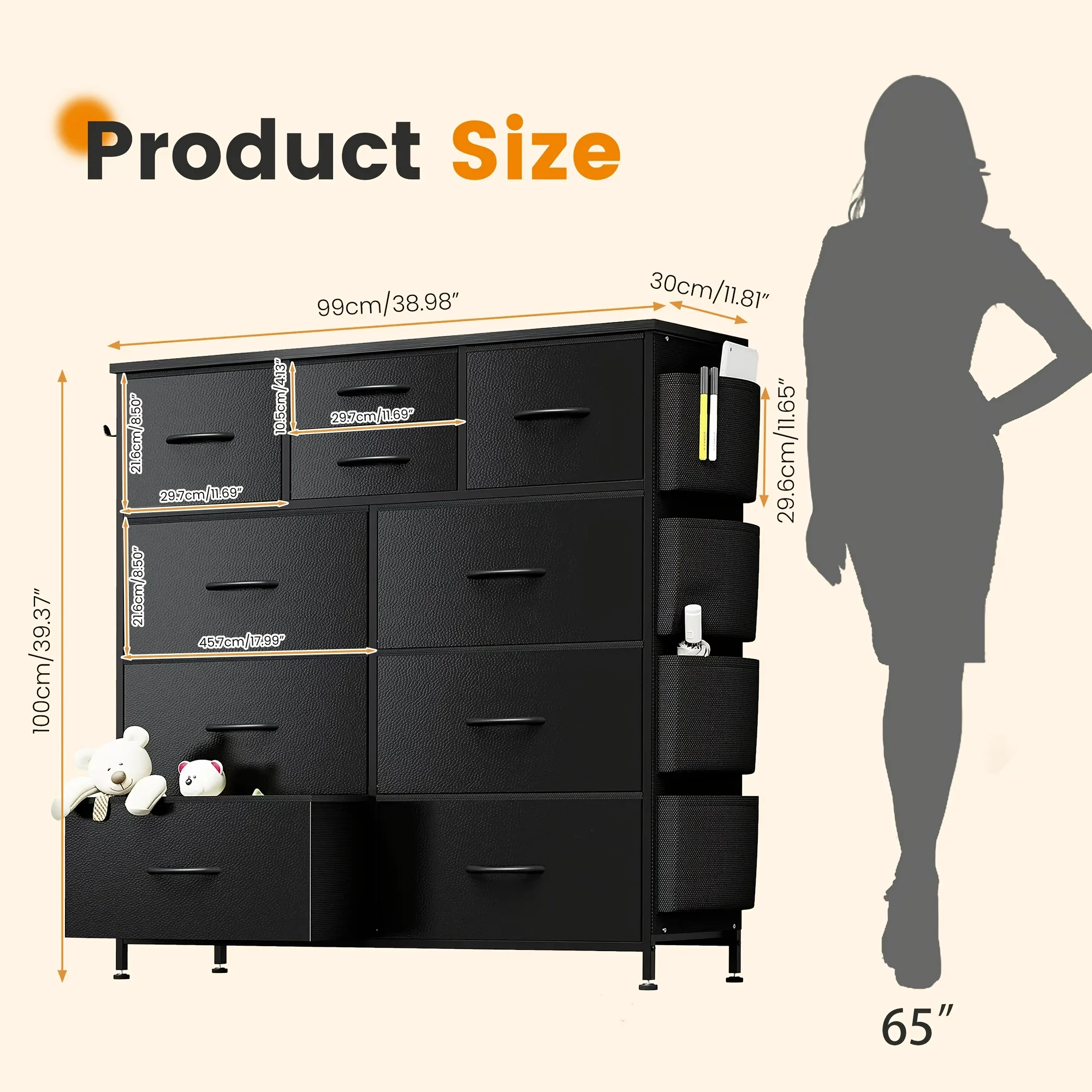 

Black Storage Cabinet with Ten Drawers And Side Pockets, Ideal for Organizing Wardrobes in Bedrooms
