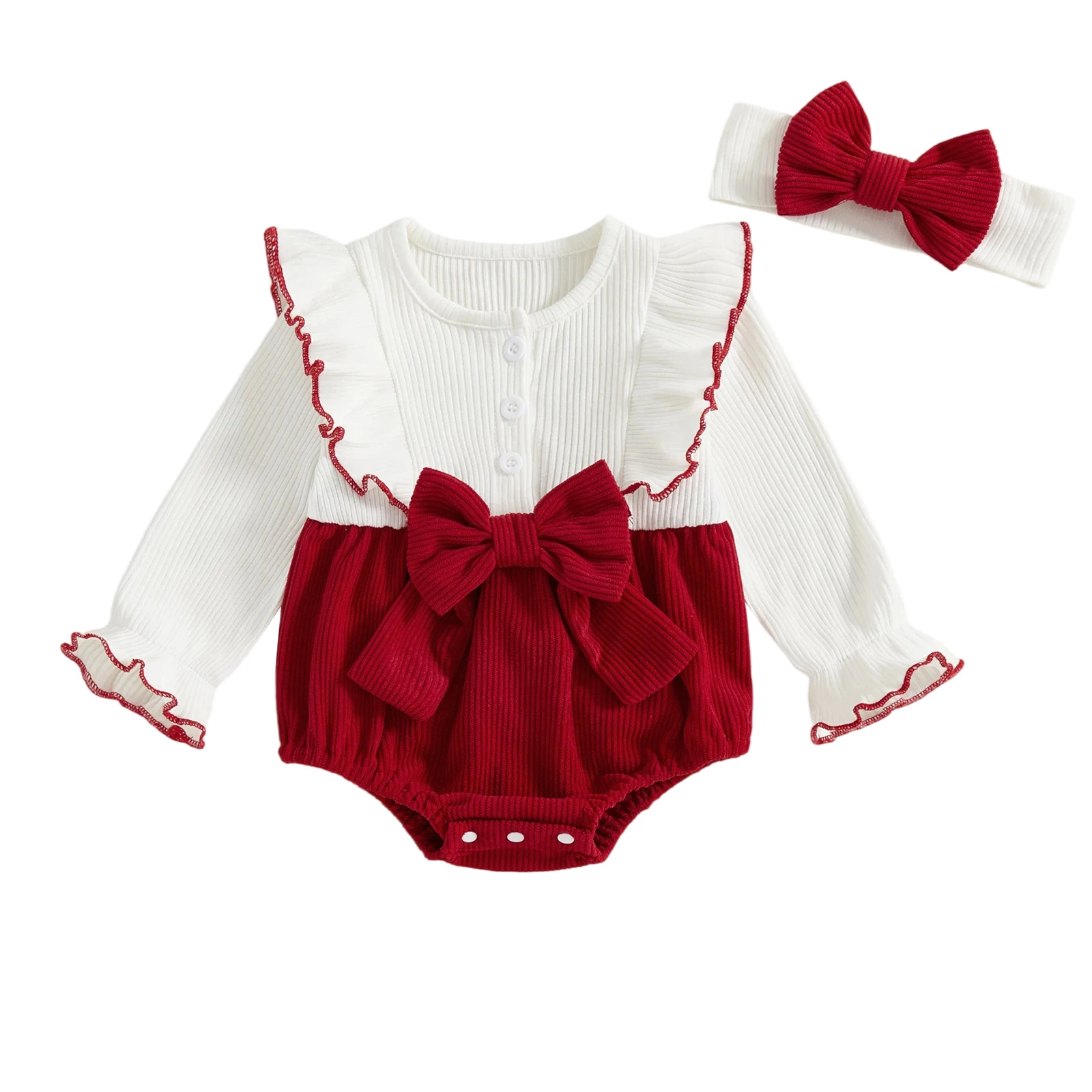 Tenue pour nouveau-né fille, barboteuse à manches longues, col rond, nœud, Patchwork, avec bandeau, vêtements d'automne