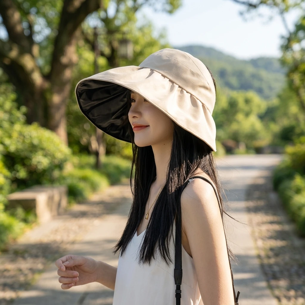 Women Sunhat 15cm Wide Brim UV Protection Black Glue Hollow Top Foldable Sun Hat for Beach Hiking Outdoor Activities view 5