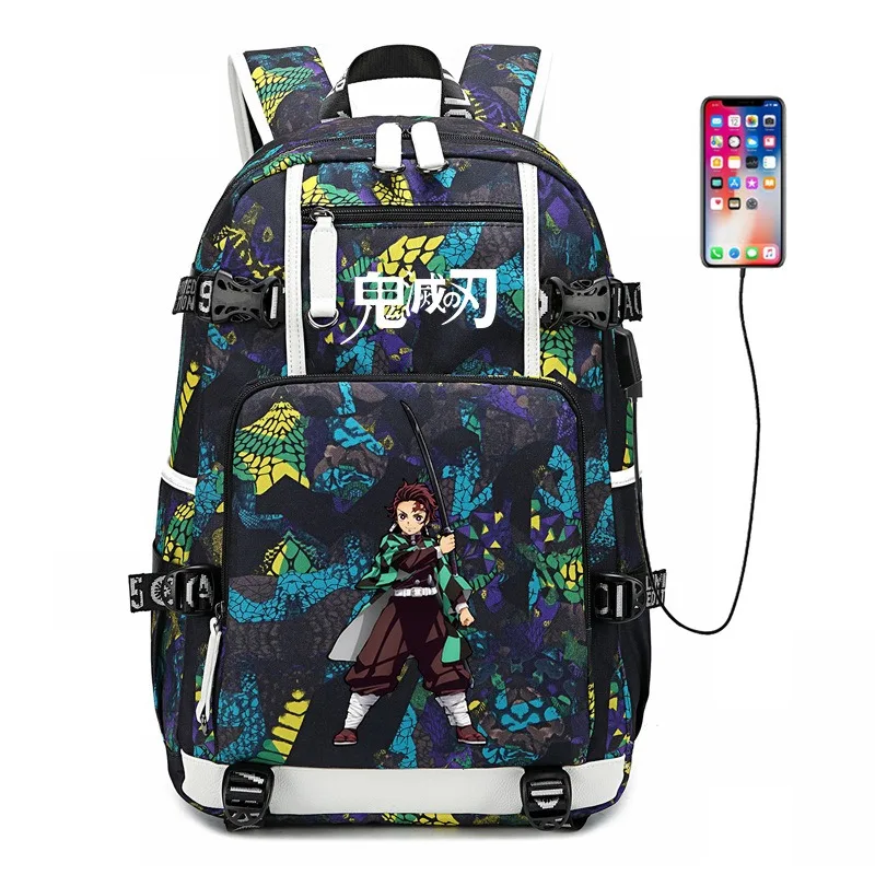 데몬 슬레이어 애니메이션 캐릭터 주변기기 새로운 2025 학생 학교 가방 Nezuko Kamado 배낭 USB 중학교 배낭 선물