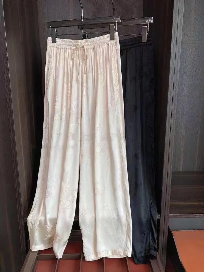 

Korean Style Y2k Pants New Satin Straight Pants Women Summer Thin Ice Silk Flower Pants Lace Up Cool Pants