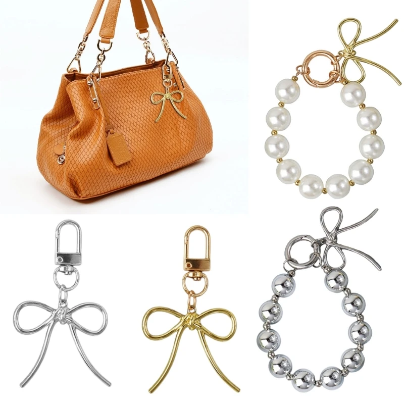 652F Delicate Keychain with Beaded Bowknot Phone Charm Unique Keyring Bag Pendant for Car Key Wallet Backpack Purse