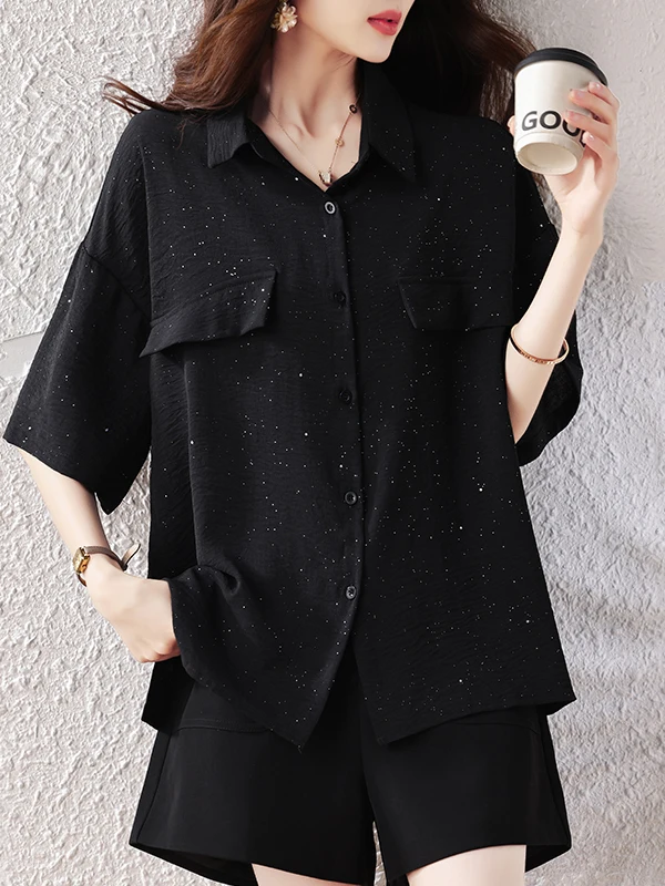 

Модная свободная рубашка-накидка в корейском стиле с эффектом похудения, с блестками, для женщин, повседневная, дышащая, с коротким рукавом