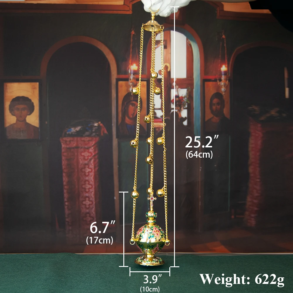 مبخرة الكنيسة، مبخرة معلقة، مبخرة أرثوذكسية مع سلسلة، سبائك الزنك مطلية بالذهب، 6.7 بوصة * 3.9 بوصة