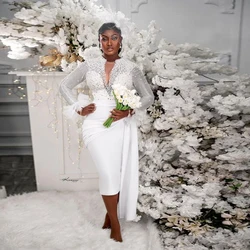 Gorgeous Pearls Beaded Short Wedding Dresses African Long Sleeves Sheath Bridal Gowns Sheer Neck Wedding Vestidos Party Dress