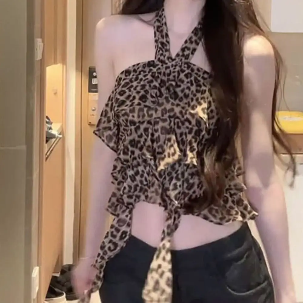 

Chic Irregular Leopard Crop Top Bottoming Shirt Slim Fit Halter Cheesy Tops Ins Female Clothing Leopard T-Shirt Women Streetwear