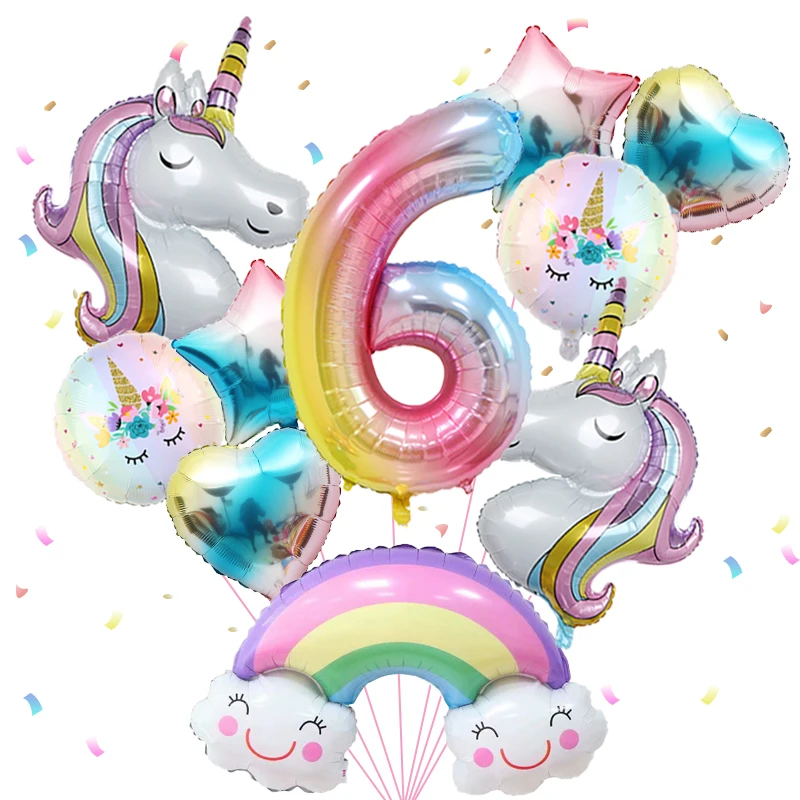 1 set regenboog eenhoorn meisje ballon aluminium film ballon set met lachende regenboogfolie 1e pasgeboren feestdecoratie benodigdheden