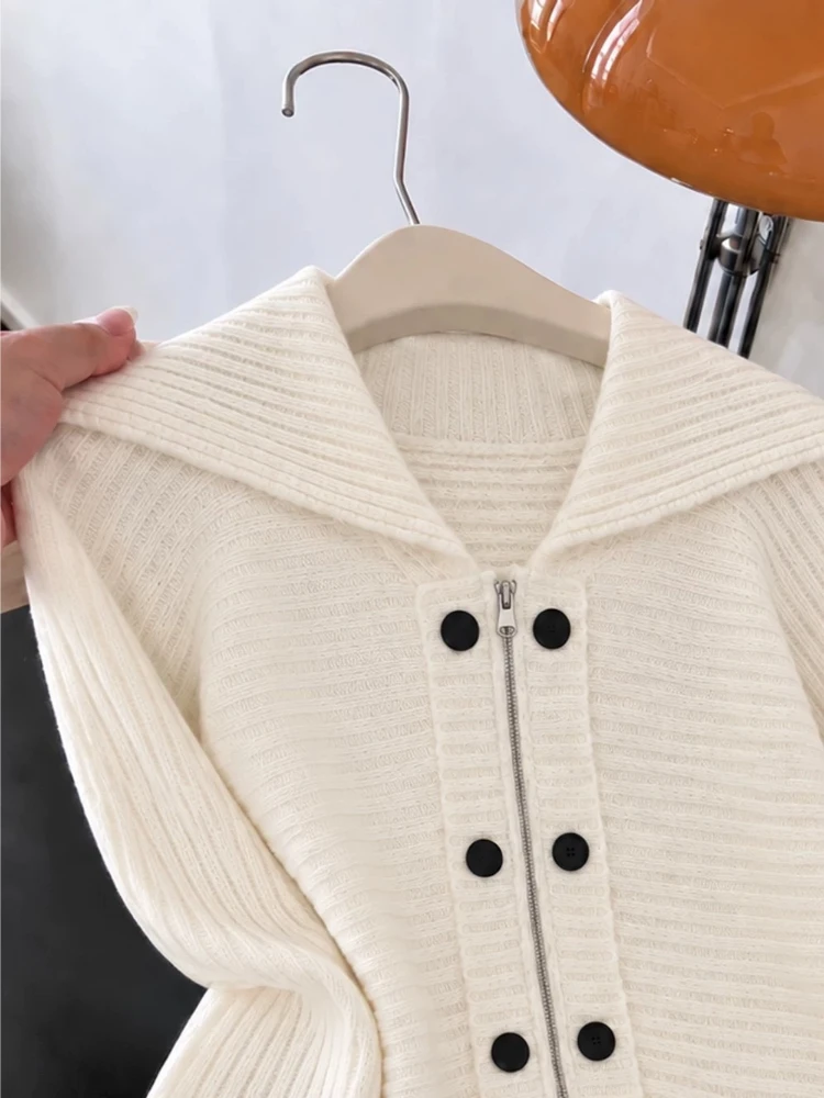 Blouse Women Off White Large Lapel Cropped Double Placket Button Zip Rolled Cuff Clean Cinched Slimming Elegant Outerwear Top
