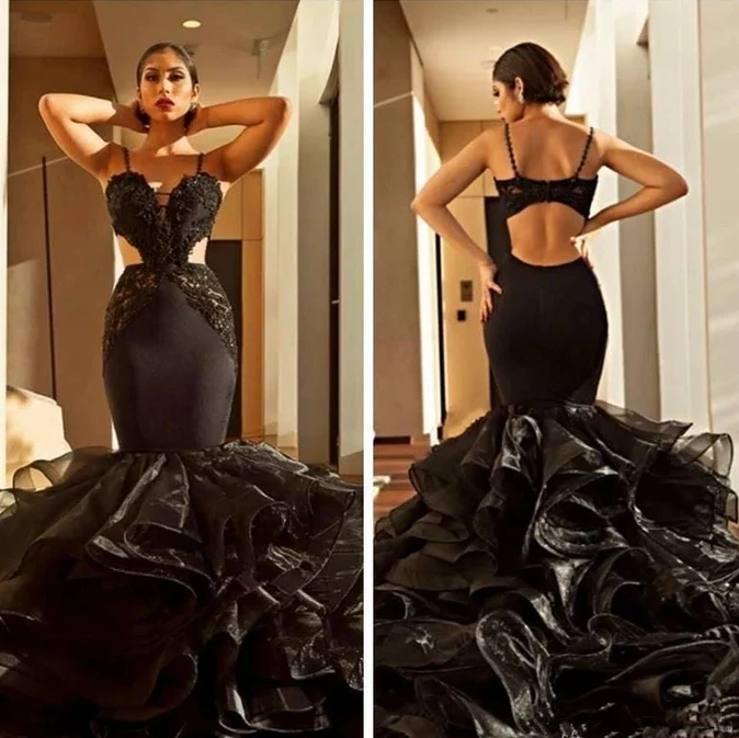 Bridelily เซ็กซี่สีดํา 2025 ชุดราตรีลูกไม้ Mermaid Ruffles Prom Dres
