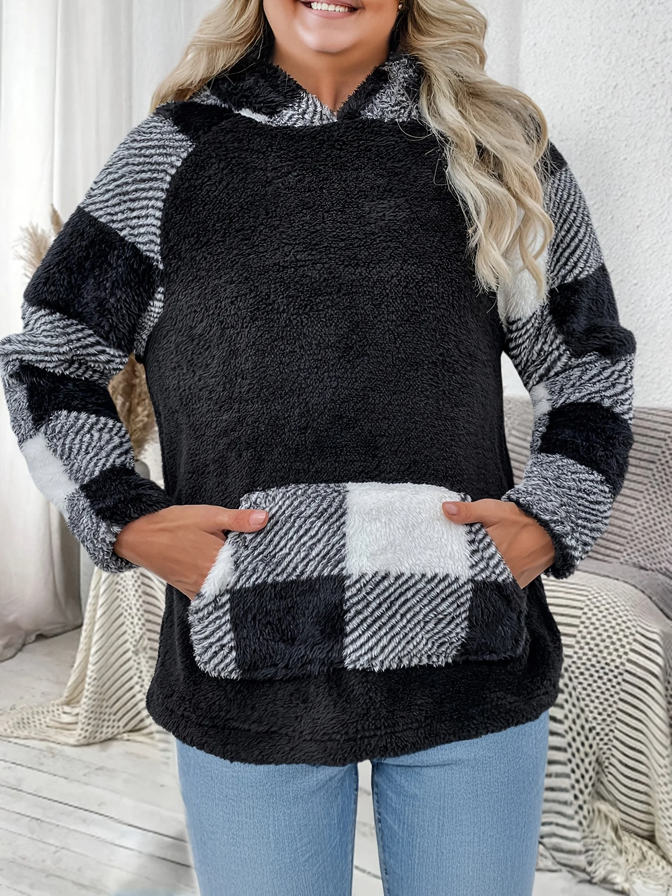 

Женская толстовка из шерпа больших размеров, новинка 206, черно-белая лоскутная флисовая толстовка с длинными рукавами, повседневный теплый топ с карманами (1XL-5XL)