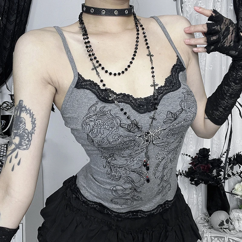

Y2K Goth Grey Butterfly Floral Print Corset Crop Top Sexy Aesthetic Lace Trim Backless Camis Tops Women Summer Fashion Camisole