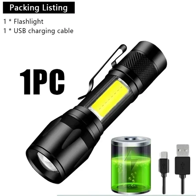 Mini-LED-Taschenlampe, COB + XPE, tragbare Taschenlampe, USB-Aufladung, Camping-Laterne, zoombares Fokuslicht, taktische Taschenlampe mit Stiftclip