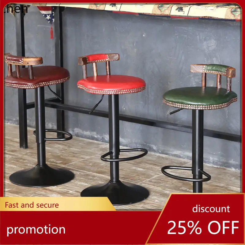 HXL Bar Stool Adjustable Height Solid Wood High Stool with Swivel Backrest