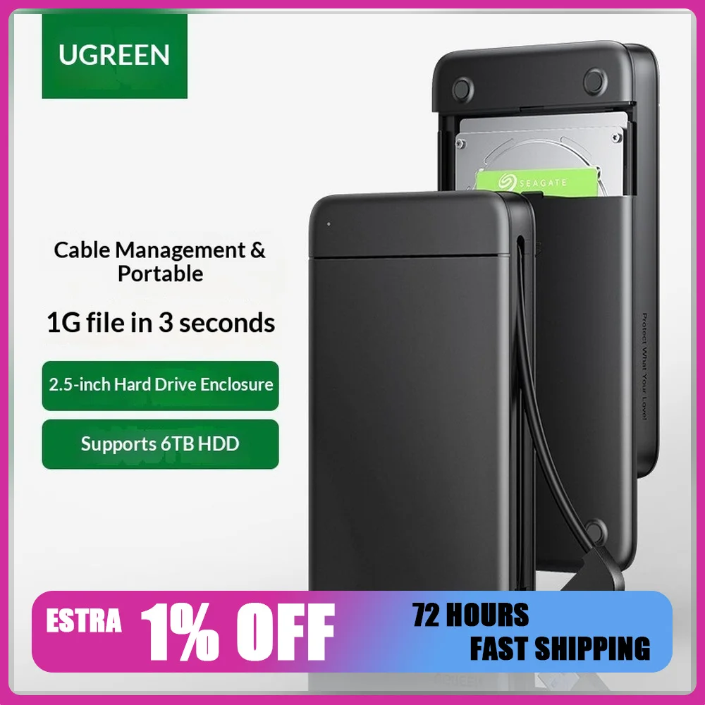 UGREEN 80555 2.5 Inch SATA to USB 3.0 External Hard Drive Enclosure Cable Attached HDD SSD Case for Laptop Desktop