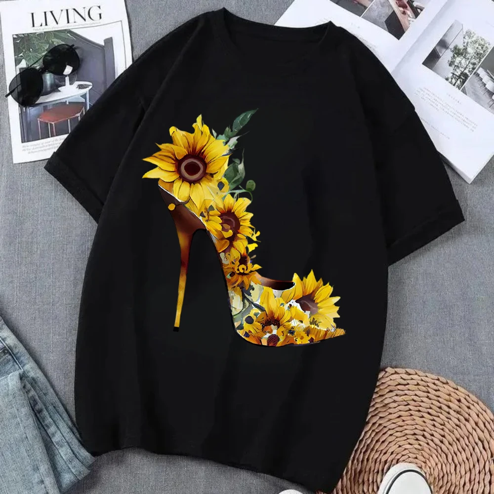 Korean Style Fresh Sunflower Heel T-shirt, Classic Retro Style Casual Short-sleeve Top Chic and Simple Daily Wear for Women Girl