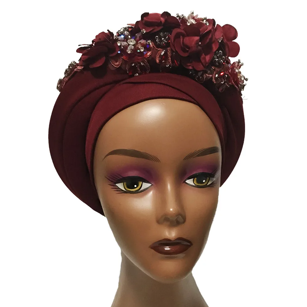 New African Auto Gele Headtie With Flowers Nigerian Wedding Muslim Turban Cap Arab India Hat Female Head Wraps Turbante Mujer