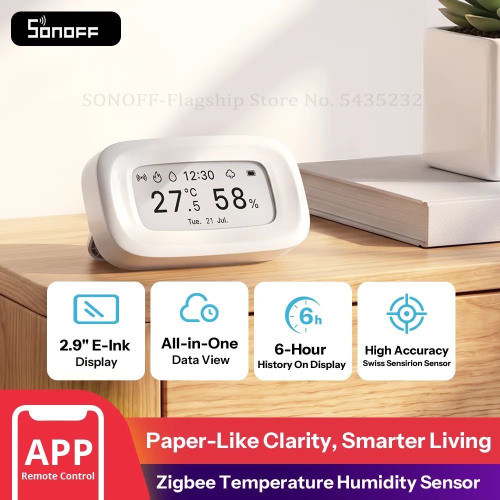 SONOFF SNZB-02UL E-Ink Zigbee 3.0 Temperature and Humidity Sensor displays temperature, humidity, time, date, weather,with Alexa