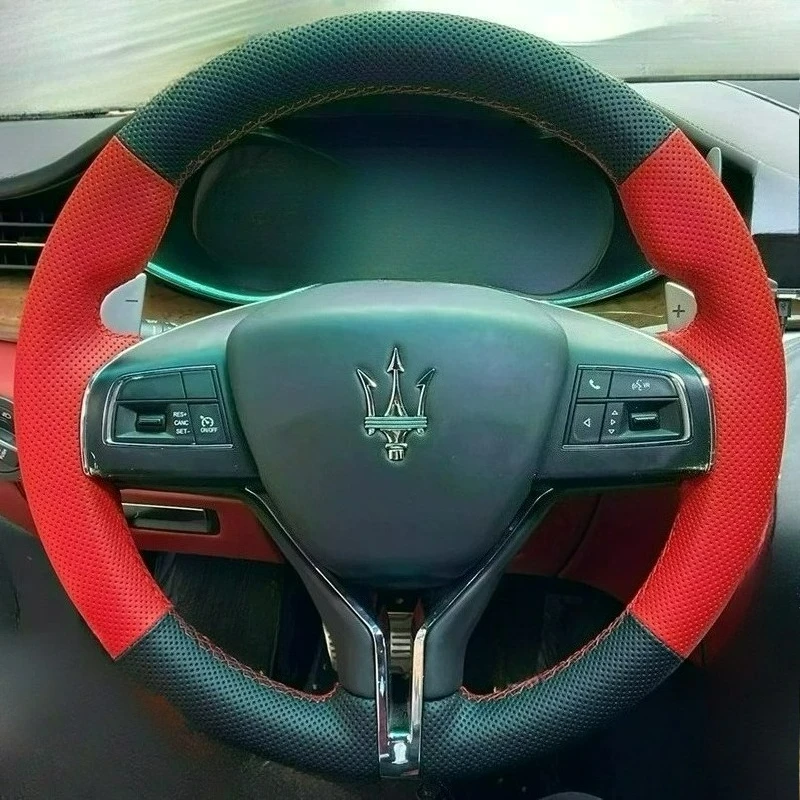 Hand Stitched renovation Non-slip black red leather car Steering wheel cover For Maserati Levante Quattroporte 2014-2021
