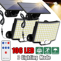 106LED Solar Light Outdoor Waterproof with Motion Sensor Floodlight Remote Control 3 Modes for Patio Garage Backyard