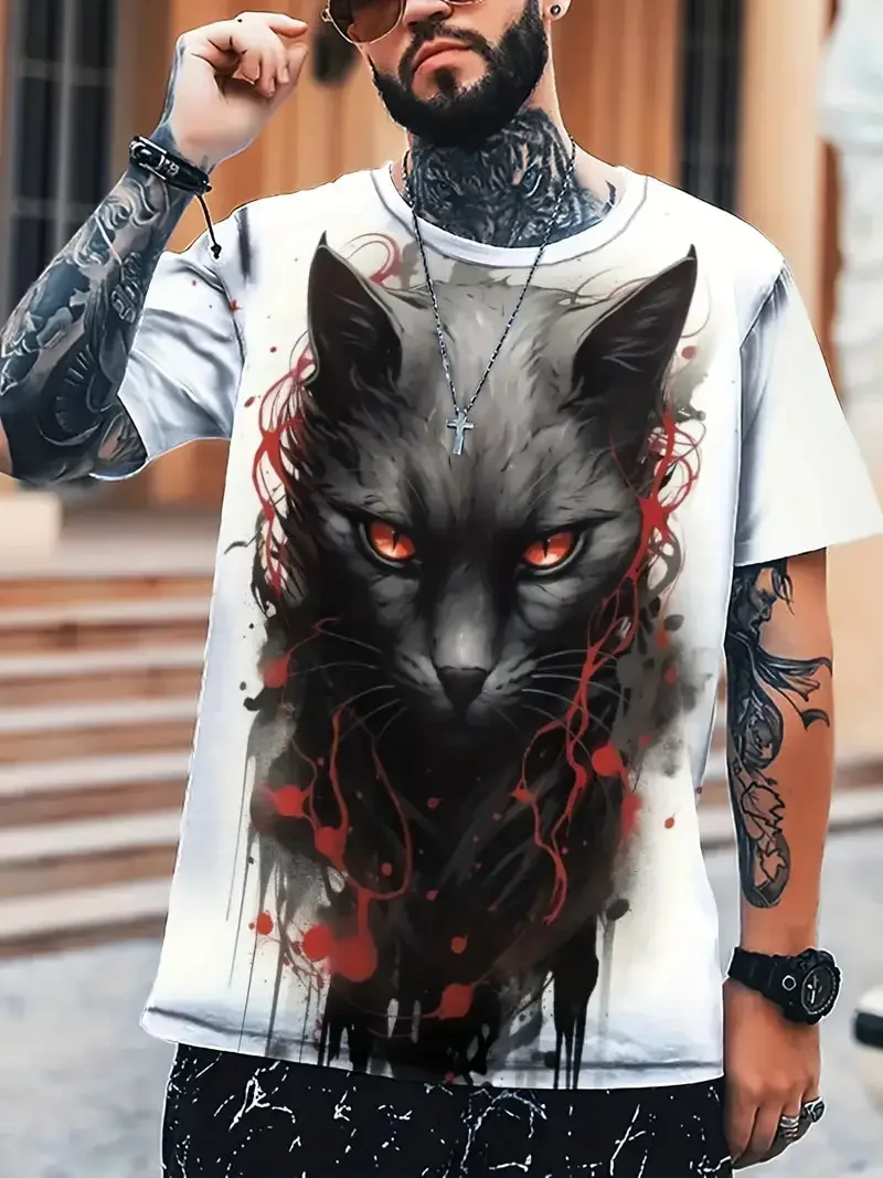 Neues Herren-T-Shirt mit lustigem Katzenmotiv, 3D-Druck, modisches Streetwear-T-Shirt im Anime-Stil, Y2K-Top, sommerlicher Casual-Stil, Kurzarm-T-Shirt