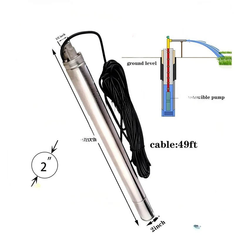 2 Inch Water Pump 50Mm Diameter Submersible Well with 304 Stainless Steel Pump Body Submersible Deep Well Pump 1000L/h