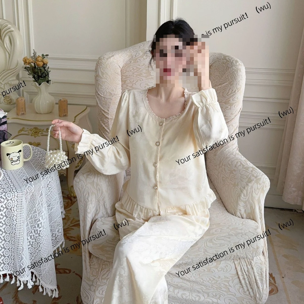 

Autumn new jacquard national style pajamas long sleeves trousers retro lace loungewear court sweet high-end pajamas