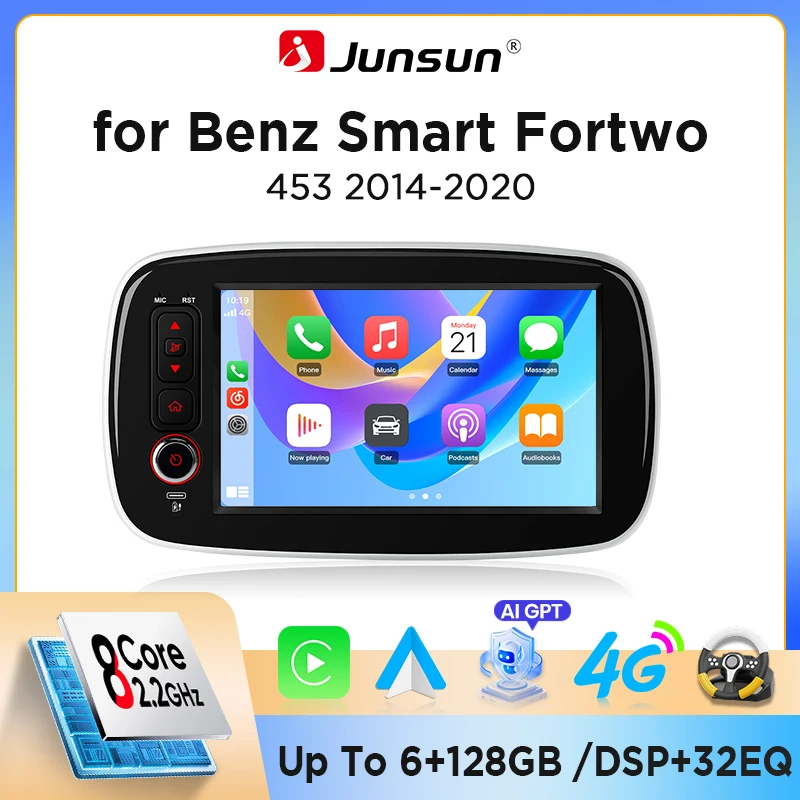 Autoradio Android Junsun per Mercedes Benz Smart Fortwo 453 2014-2020, schermo IPS HD da 8" con funzionalità touch, sistema multimediale, CarPlay wireless, Android Auto, sistemi intelligenti,