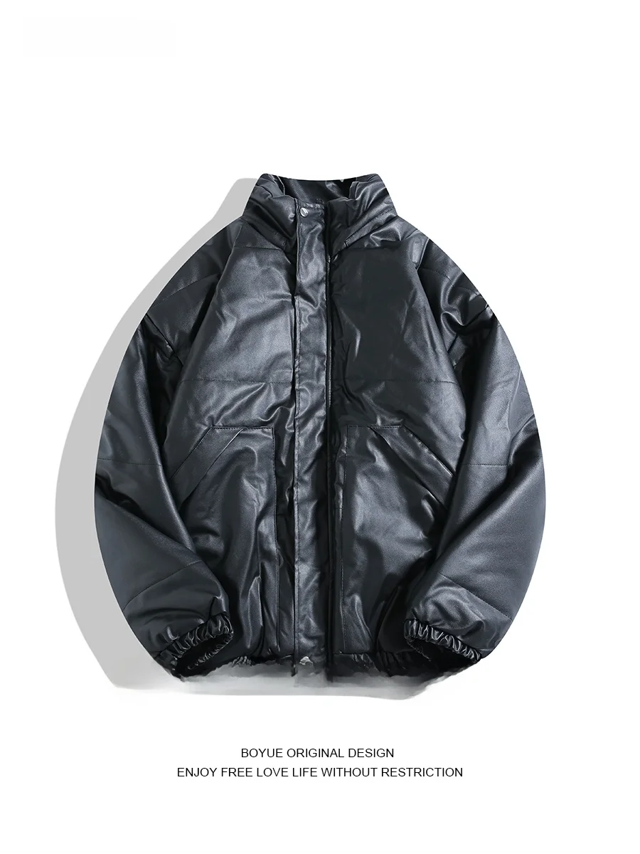 

Boyue Retro Japanese Sle PU Leather Cotton Jaet Thi Warm Stand Collar Bread Sle Coat for Men And Women Winter Faion...