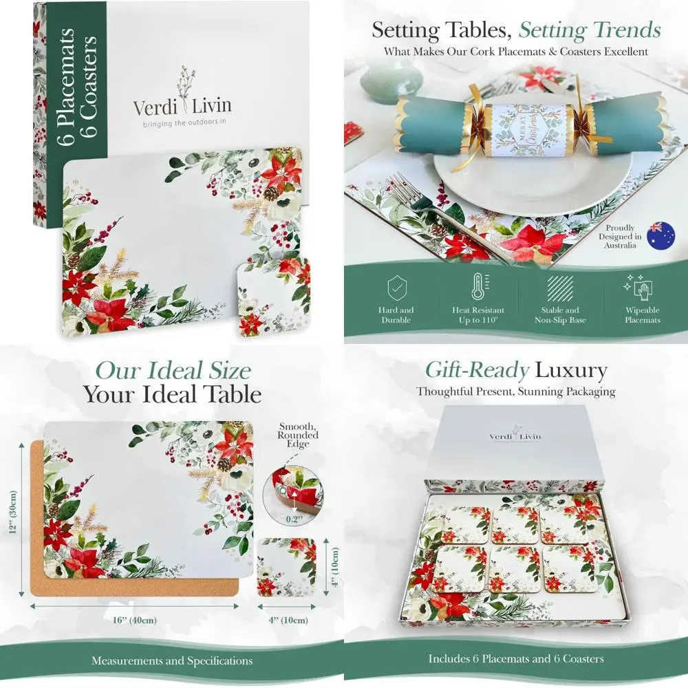 

Heat Resistant Christmas Themed Placemats Set of 6 with Matching Coasters, 16x12 Inches, Cork Backed, Wipe Clean Dining Table Ac