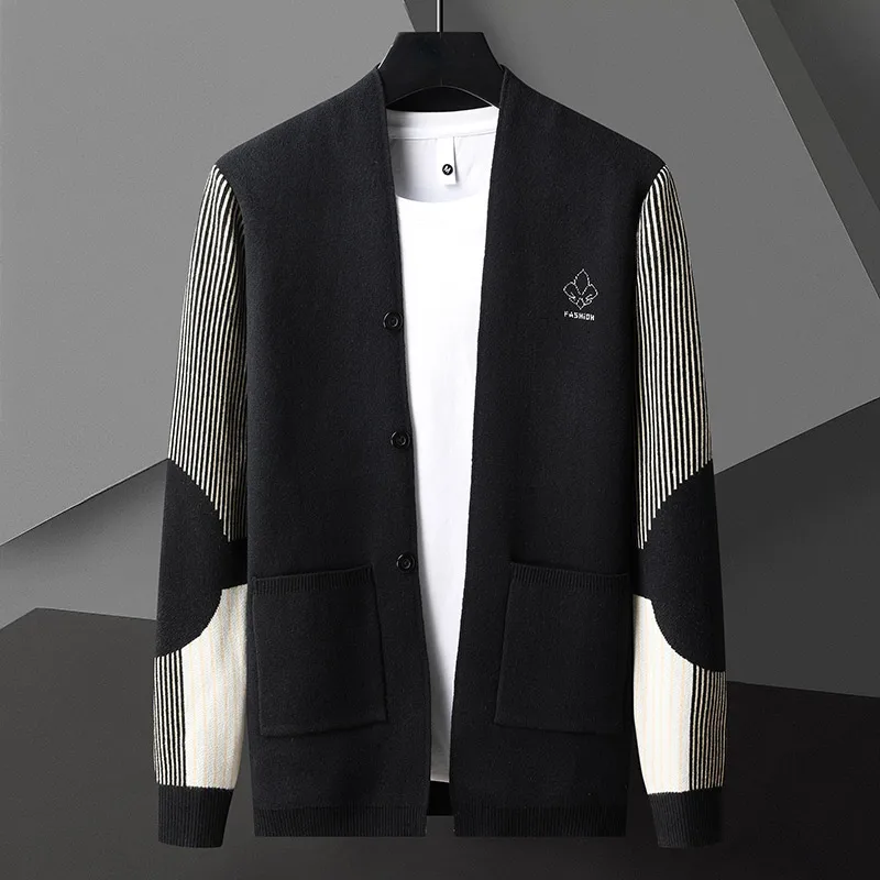 High end fashionable mens striped knitted cardigan exquisite jacquard contrast color casual shawl sweater spring and autumn coat