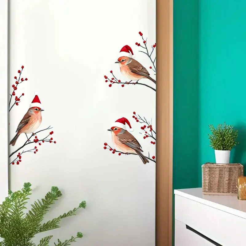 1 مجموعة عيد الميلاد فروع التوت الأحمر ثلاثة الطيور في سانتا القبعات ملصقات نافذة ذاتية اللصق جدار حفلة شارات الفينيل مهرجان ديكور