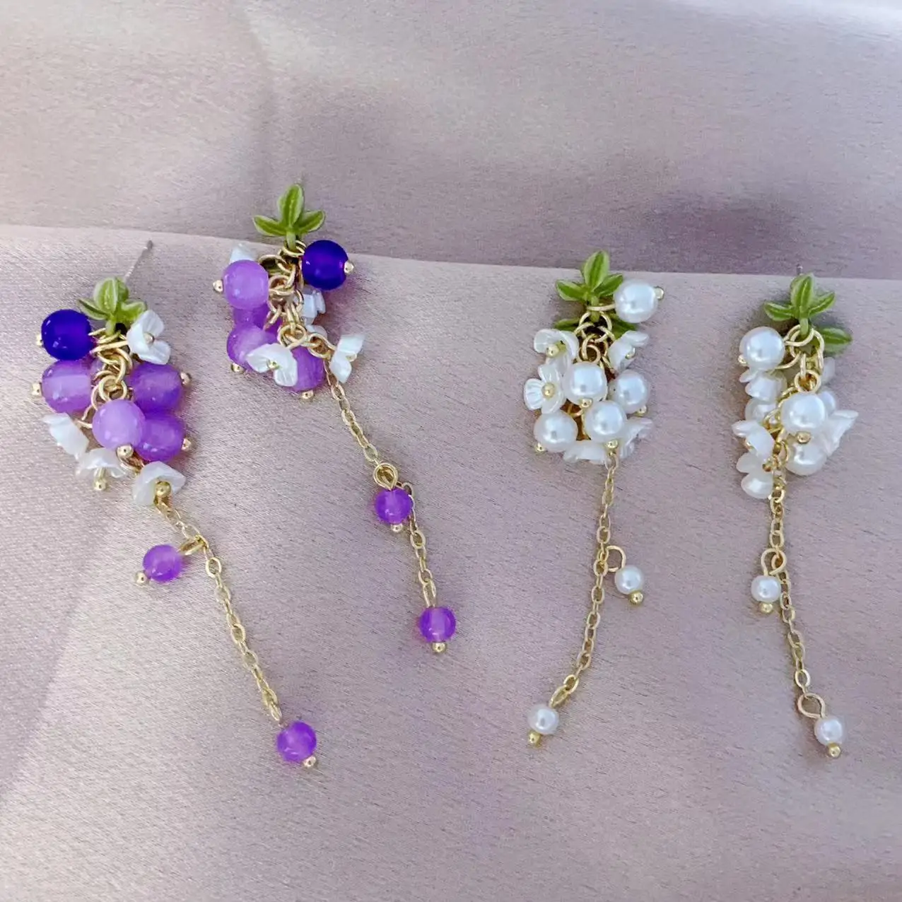

Summer fresh purple grape tassel earrings for women's super fairy forest style face slimming long earrings with pearl earrings