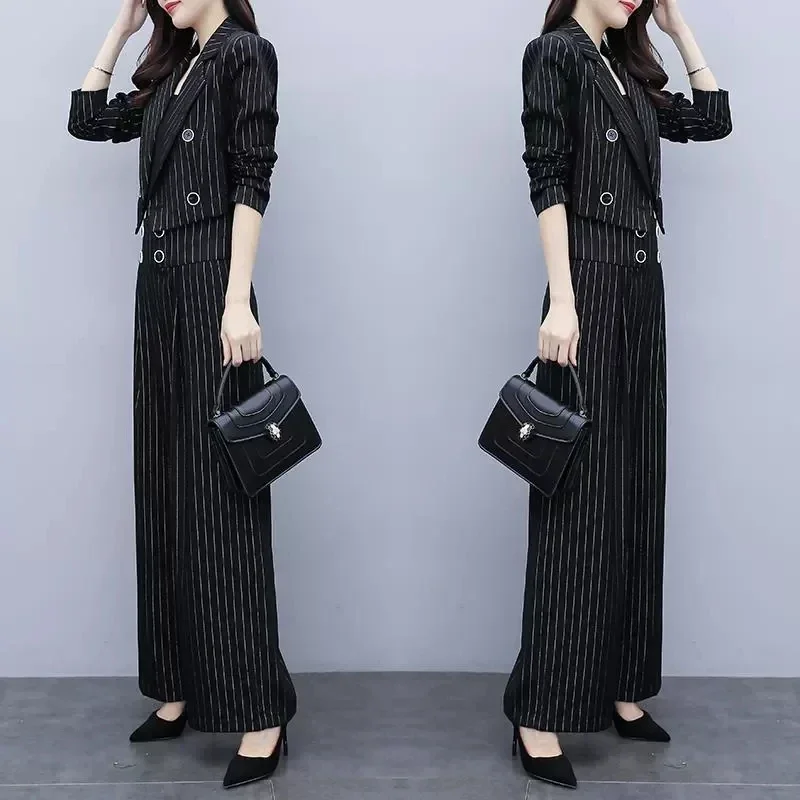 Small Blazers Suit Women's Spring New Casual Professional Short Blazer Jacket and Wide Leg Pants Two Piece Set Office Ladies Set