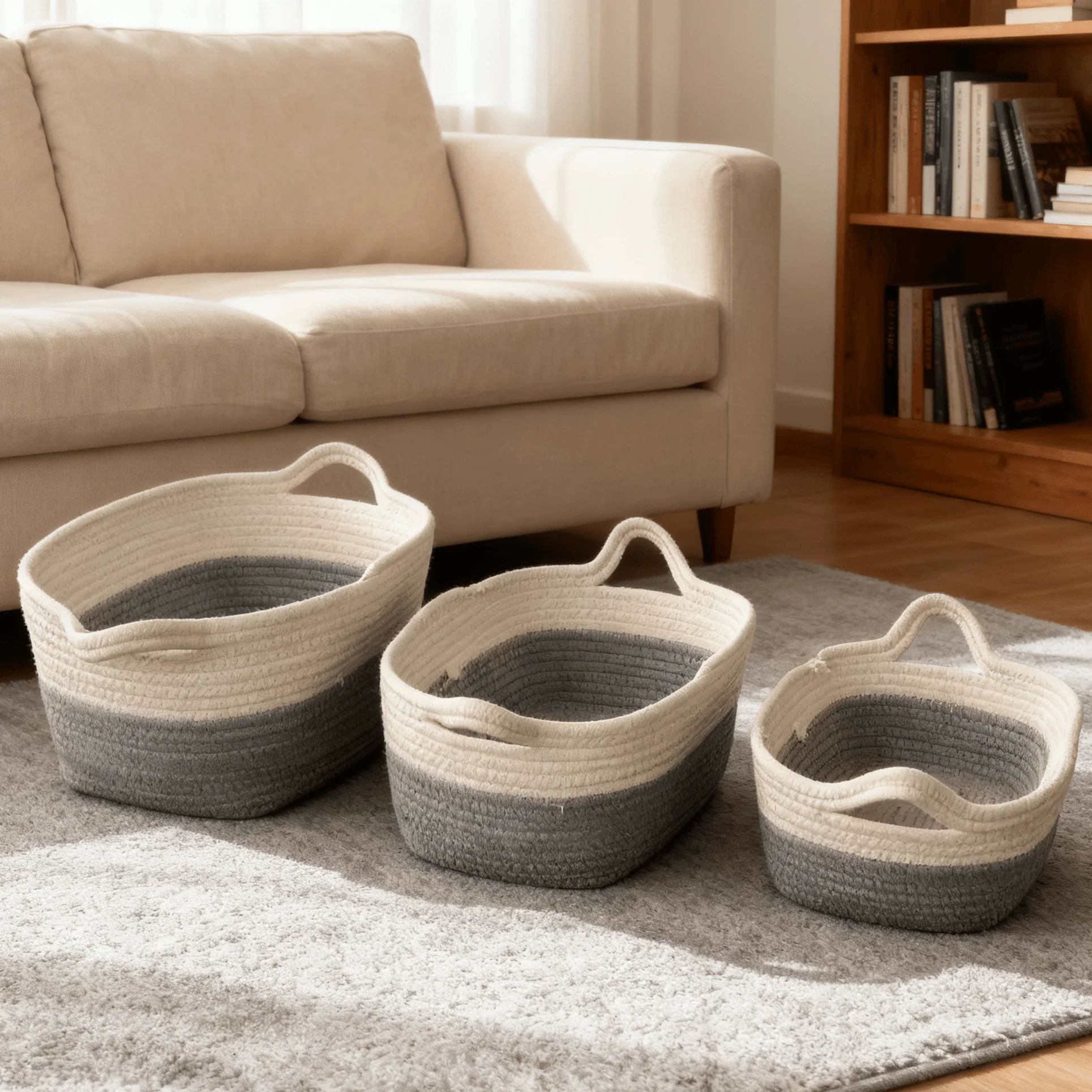 

3Pack Soft Cotton Rope Storage Basket - Beige and Gray Handmade Organizer for Laundry Towels Books