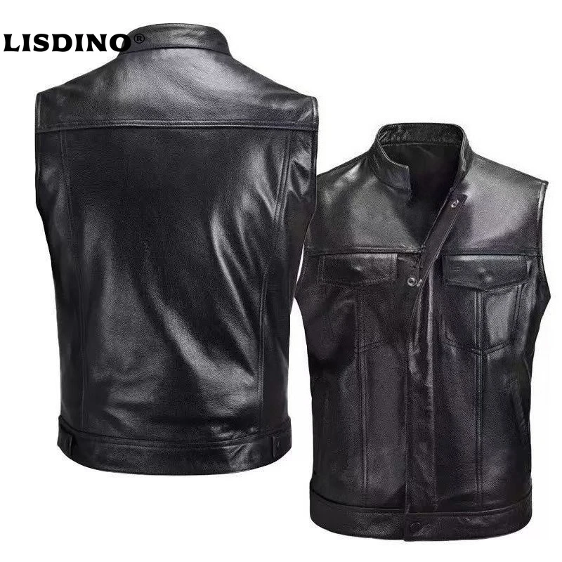 

1Fashion Vest Black Motorcycle Hip Hop Waistcoat Male Faux Leather Punk Solid Black Spring Sleeveless Leather Vest