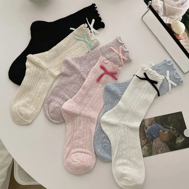 6 Pairs Pack Lolita Long Socks Japanese Style Kawaii Cute Bowknot Ruffle Socks Sweet Heart Thin Mesh Girls Socks Summer
