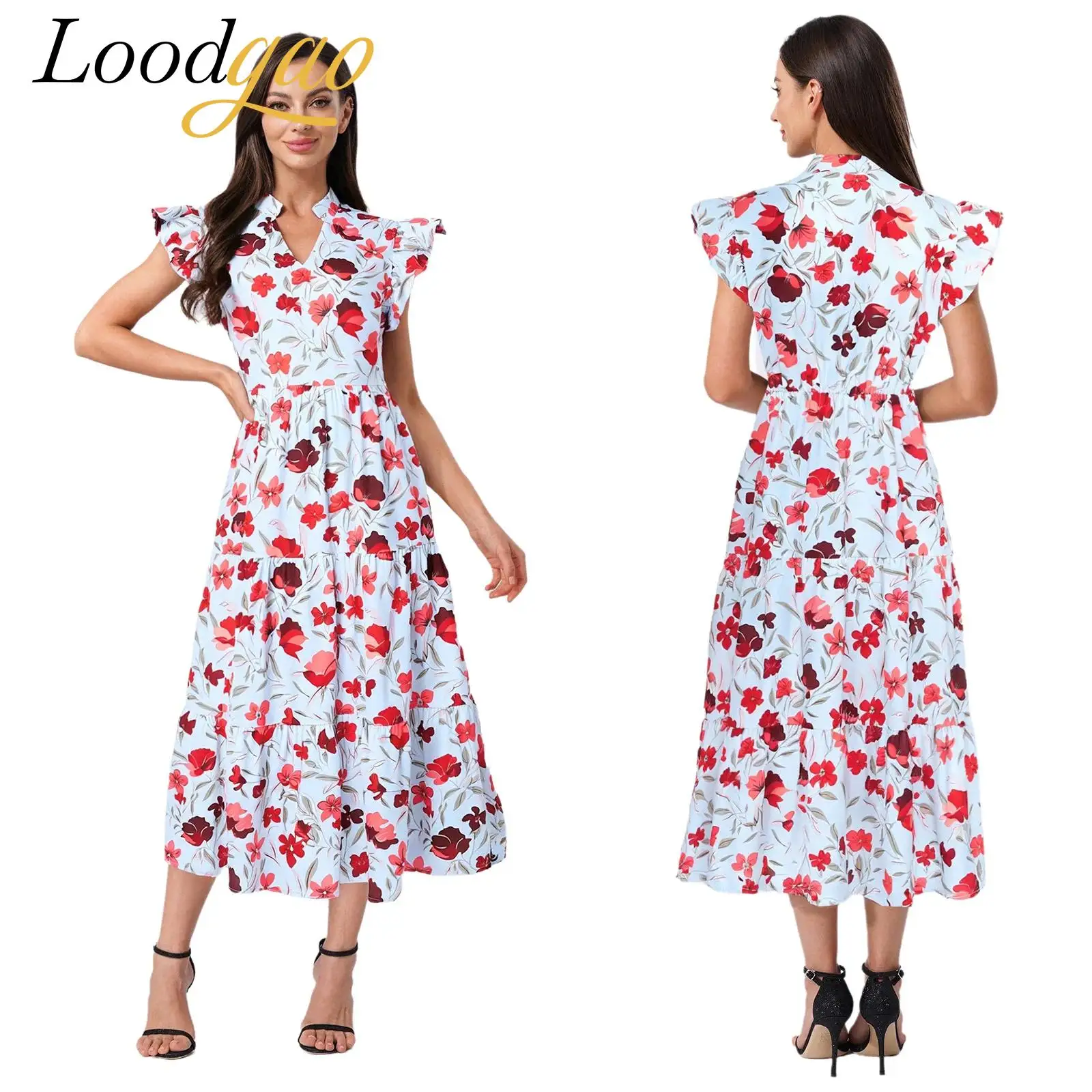 Abito floreale Lady Abiti lunghi da spiaggia da donna Stile Boho Scollo a V Increspato Esci Vacanza Abito da sole Abito casual fluido Prendisole