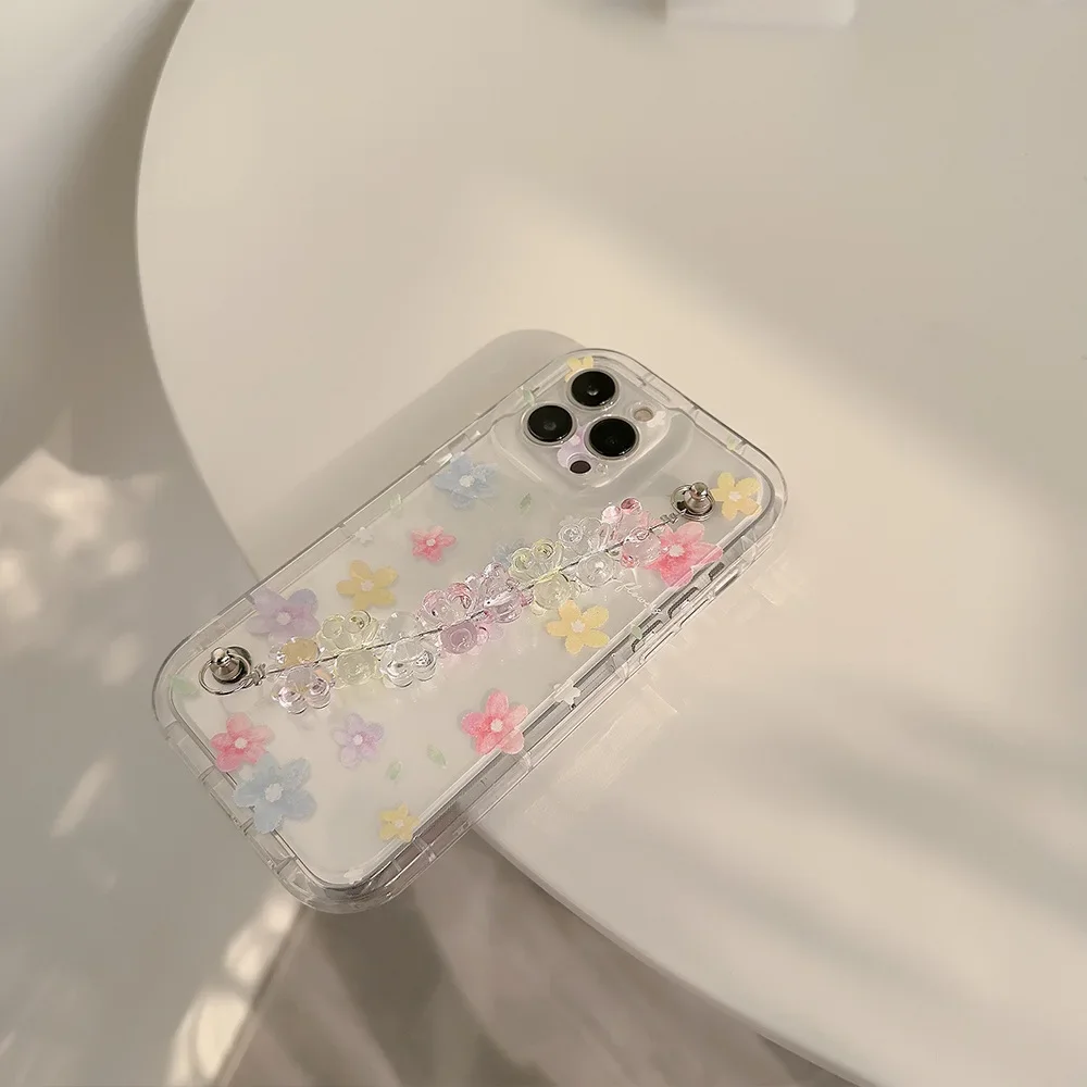 Etui na telefon Ins Style Watercolor Flower Bear Bracelet do iPhone 16 15 14 12 13 11 Pro ProMax Plus Xsmax Shockproof Phone Cover