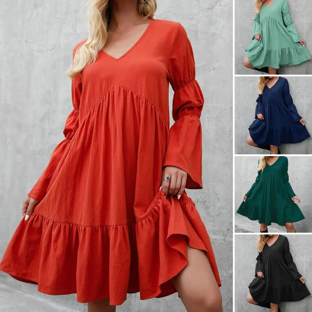 V Neck Long Sleeve Solid Color Autumn Dress Pullover Soft Solid Color Large Ruffled Hem Boho Dress Female Clothing