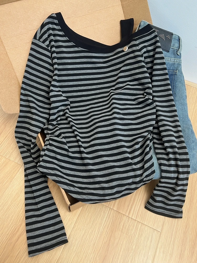 

Женская приталенная футболка из чистого хлопка с длинным рукавом, весенняя, больших размеров, с открытыми плечами, диагональным воротником, в корейском стиле