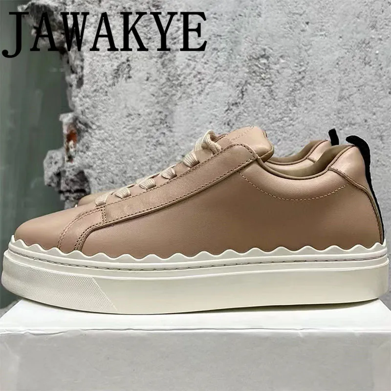 JAWAKYE Genuine Leather Flat Sneakers Women Running Trainer Causal Shoes Thick sole Round Toe Lace Up White Walking Shoes Ladies