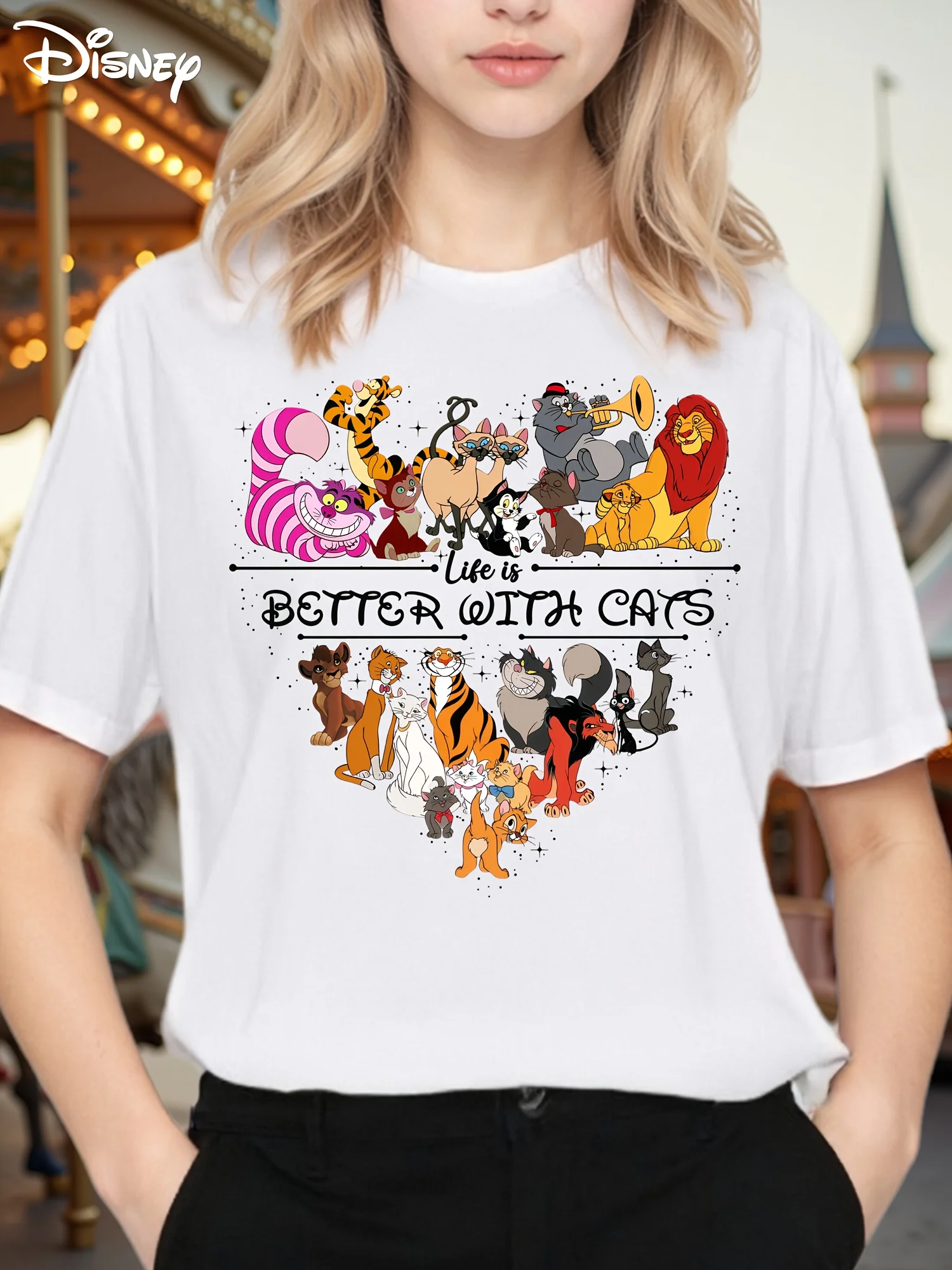 

1pc Women'S The Aristocats Graphic T-Shirt - 100% Fit Short Sleeve Round Neck, Cute Marie & Toulouse Design With