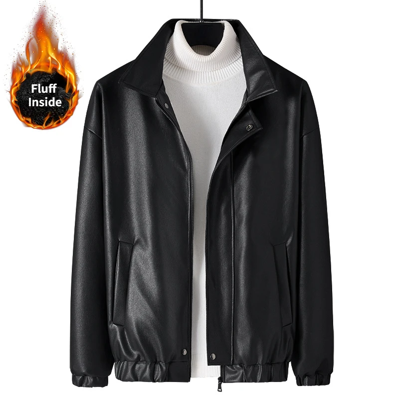 Manteau noir en similicuir PU pour garçons, veste de moto surdimensionnée, peluche moelleuse, haute qualité, fermeture éclair, motard, média