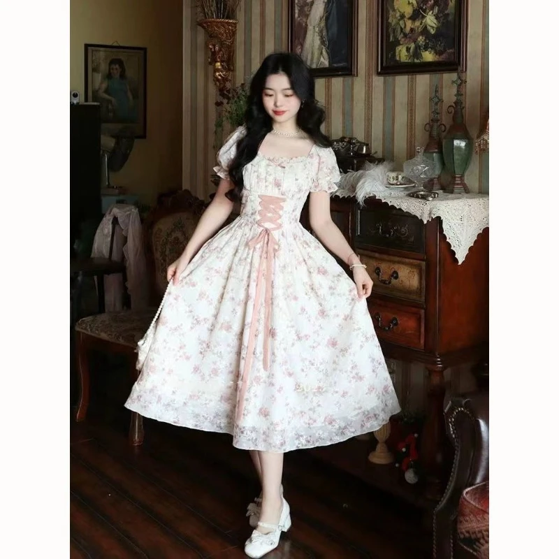 2025 letnia koronkowa koreańska sukienka wróżki kobiety kwadratowy kołnierzyk księżniczka Kawaii kwiatowy Midi sukienka damska bandaż słodkie sukienki moda