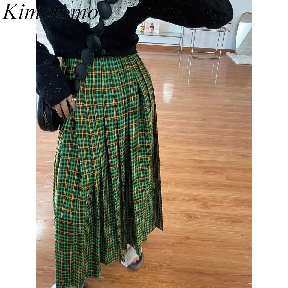 

Kimutomo Green Plaid Skirt Elastic High Waist Contrast All Match Mid-length Pleated Skirts Korean Preppy Style Women Clothing